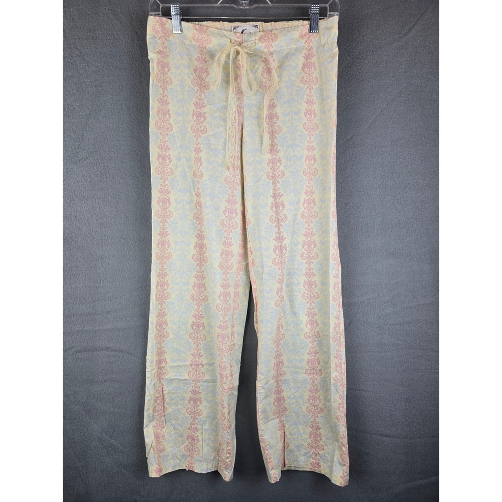 PJ Couture Pajama Pants Womens S Yellow Pink Damask Cotton Lace Trim Coquette